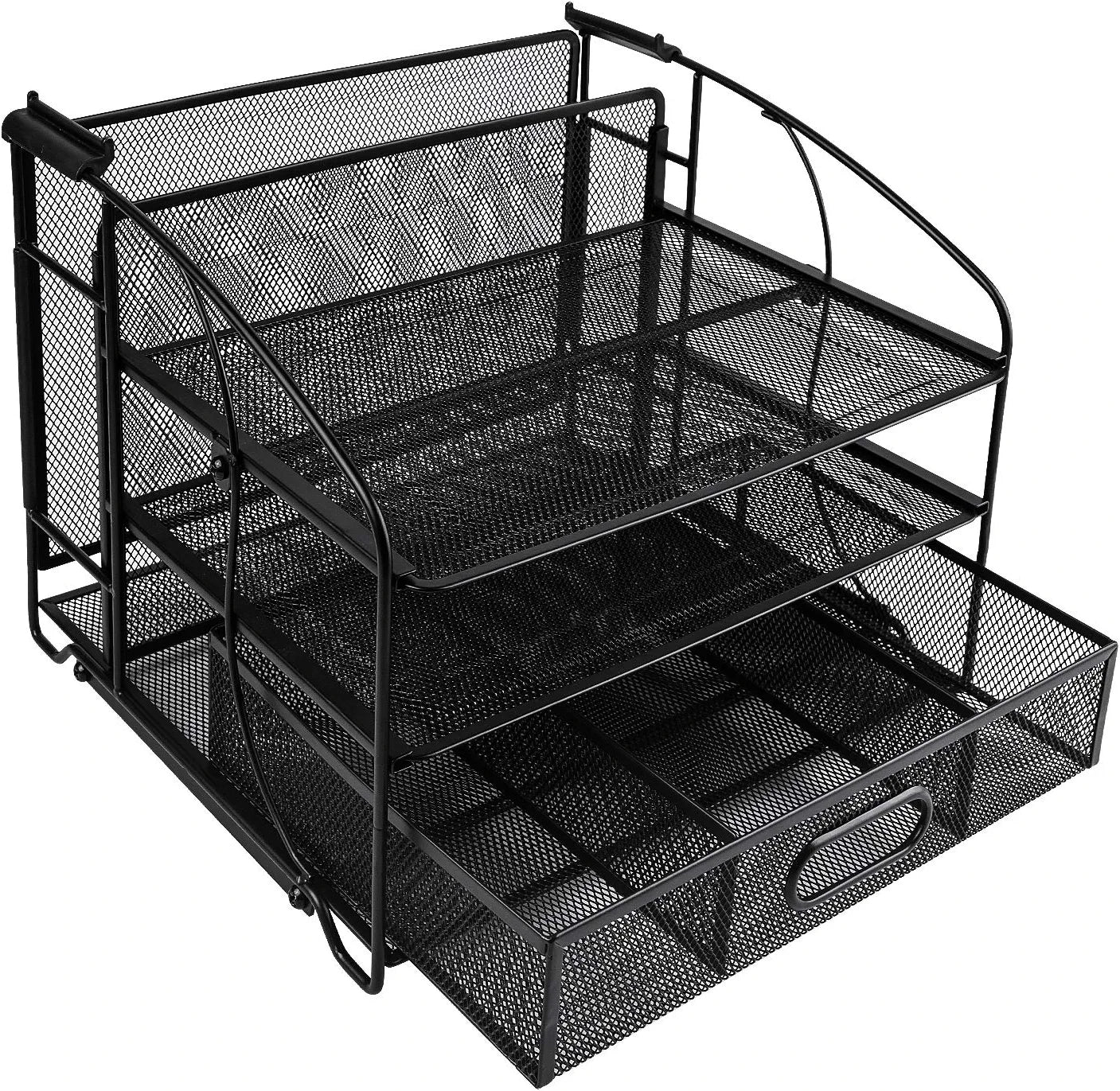 Desk Organizer 3 Tray W/Sliding Drawer and Hanging File Holder, Black