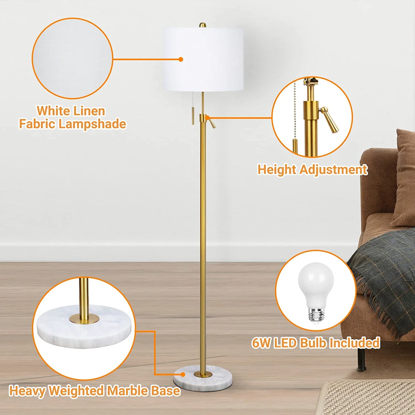 Modern Floor Lamp for Living Room, Adjustable Height Standing Lamp with Marble Base,3-Way Dimmable Gold Brass Tall Pole Light with White Linen Shade for Reading,Bedroom,Pull Chain Switch,Bulb Included