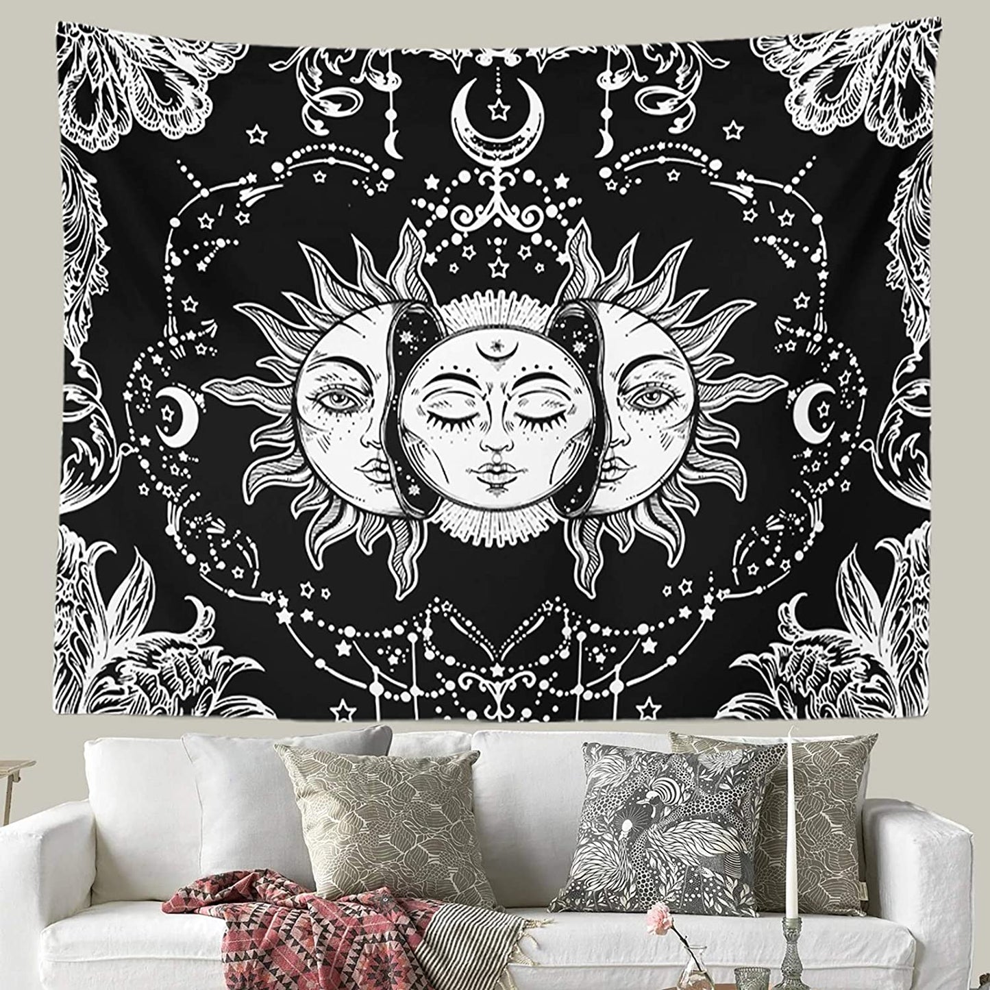 Sun and Moon Tapestry, Black and White Tapestries Mystic Burning Sun with Star Wall Hanging Decor for Bedroom (59" W X 51" L)