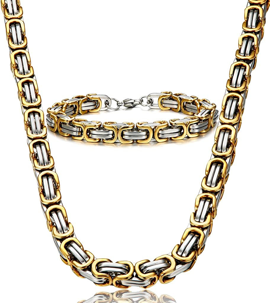 Stainless Steel Male Chain Necklace Byzantine Bracelet for Men Jewelry Sets 8.5 Inch Bracelet