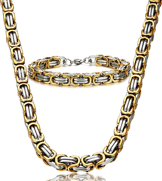 Stainless Steel Male Chain Necklace Byzantine Bracelet for Men Jewelry Sets 8.5 Inch Bracelet