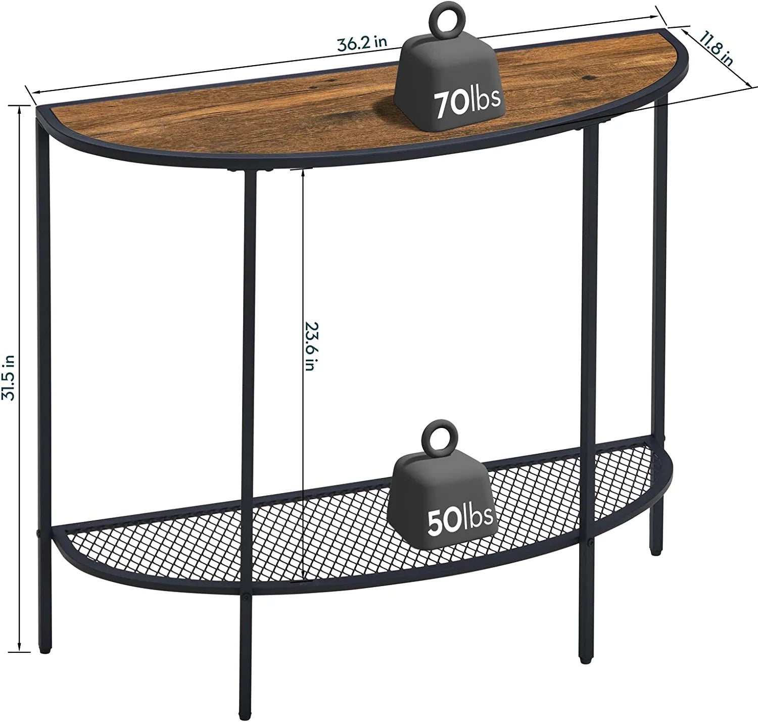 Console Table 2 Tier Narrow Entryway Table with Storage Shelves Half Moon Sofa Couch Table Industrial Small Entry Way Tables for Living Room Bedroom Hallway Office Easy Assembly, Walnut Black