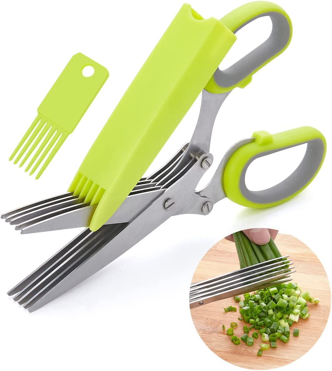 Herb Scissors with 5 Multi Stainless Steel Blades and Safe Cover Kitchen Gadgets Cutter, Kitchen Chopping Shear, Mincer, Sharp Dishwasher Safe Kitchen Gadget, Culinary Cutter