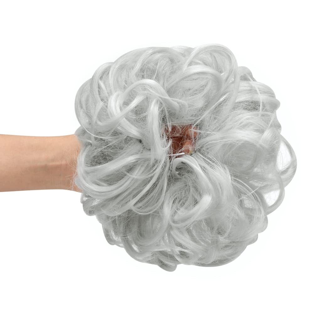 Messy Hair Bun Hair Scrunchies Extension Curly Wavy Messy Synthetic Chignon for Women Updo Hairpiece 1PCS Silver