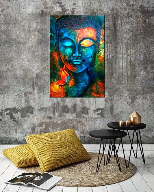 Buddha Wall Art Living Room Zen Decor Blue Colorful Buddha Paintings for Wall Decorations Abstract Buddha Statue Canvas Pictures Bedroom Wall Decor Modern Buddha Posters Meditation Home Decor 24X36"