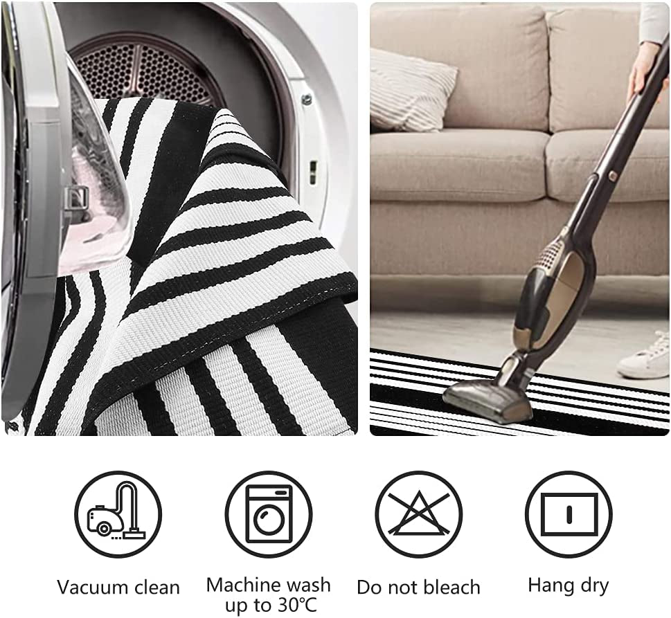 Hallway Runner Rug 2'X6', Black/White Rug Machine Washable Striped Kitchen Rug Runner Cotton Woven Indoor/Outdoor Rugs Laundry Room Rug Entryway Rug for Farmhouse/Bedroom/Bathroom