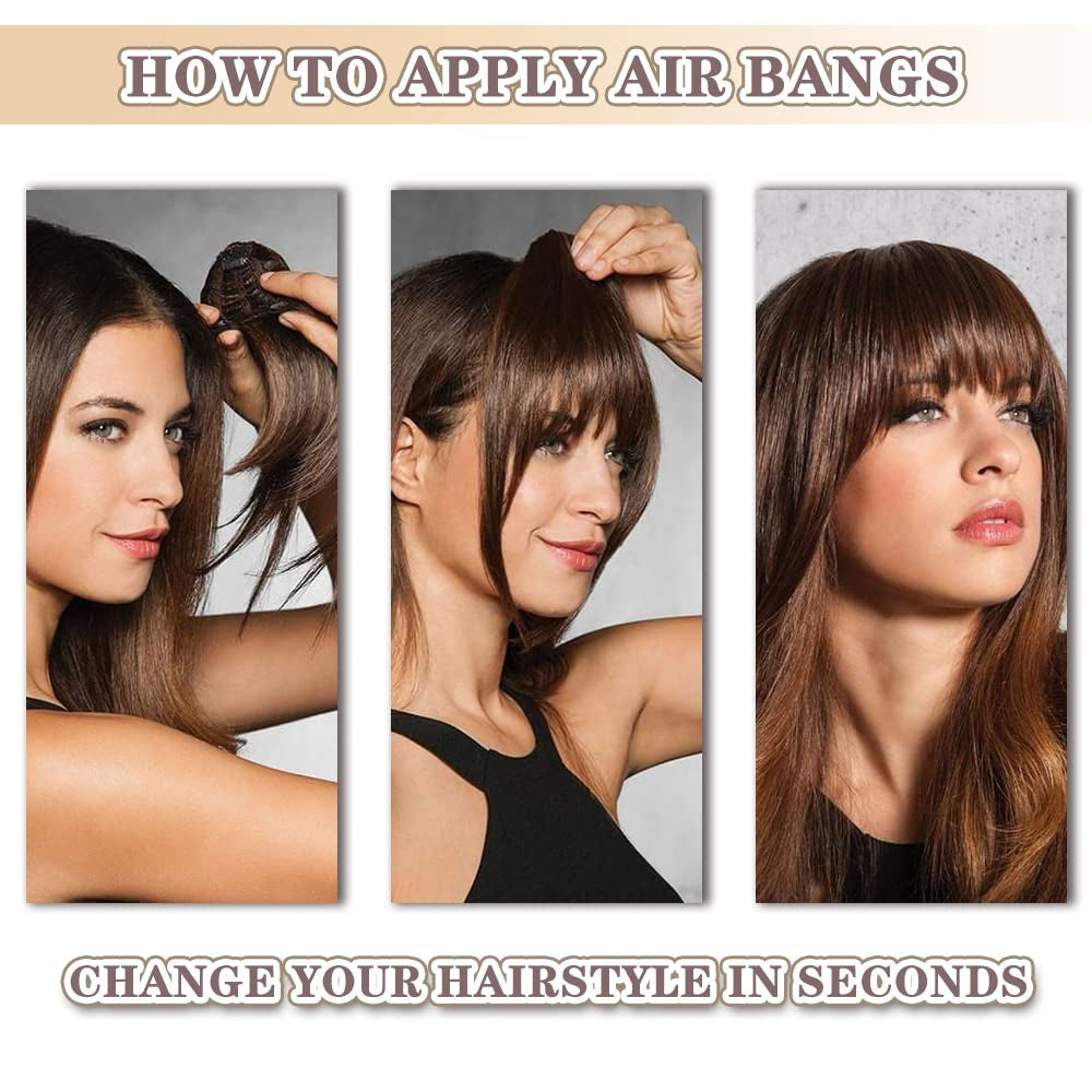 Clip in Bangs for Women 100% Human Hair Extensions Wispy Bangs Fringe with Temples Hairpieces Air Bangs Flat Bangs Clip Curved Bangs for Daily Wear (Light Brown)