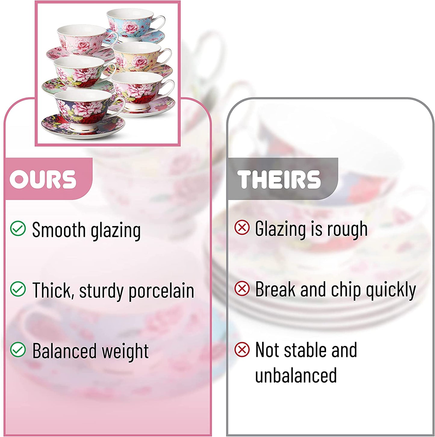 Btat- Tea Cups, Tea Cups and Saucers Set of 6, Tea Set, Floral Tea Cups (8Oz), Tea Cups and Saucers Set, Tea Set, Porcelain Tea Cups, Tea Cups for Tea Party, Rose Teacups, Christmas Gift