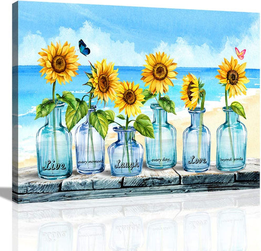 Sunflower Wall Art for Bathroom Bedroom Kitchen Wall Decor Inspirational Wall Art Watercolor Sunflowers Blue Bottles Beach Canvas Art Print Framed Wall Art for Living Room Decor Modern Wall Decor