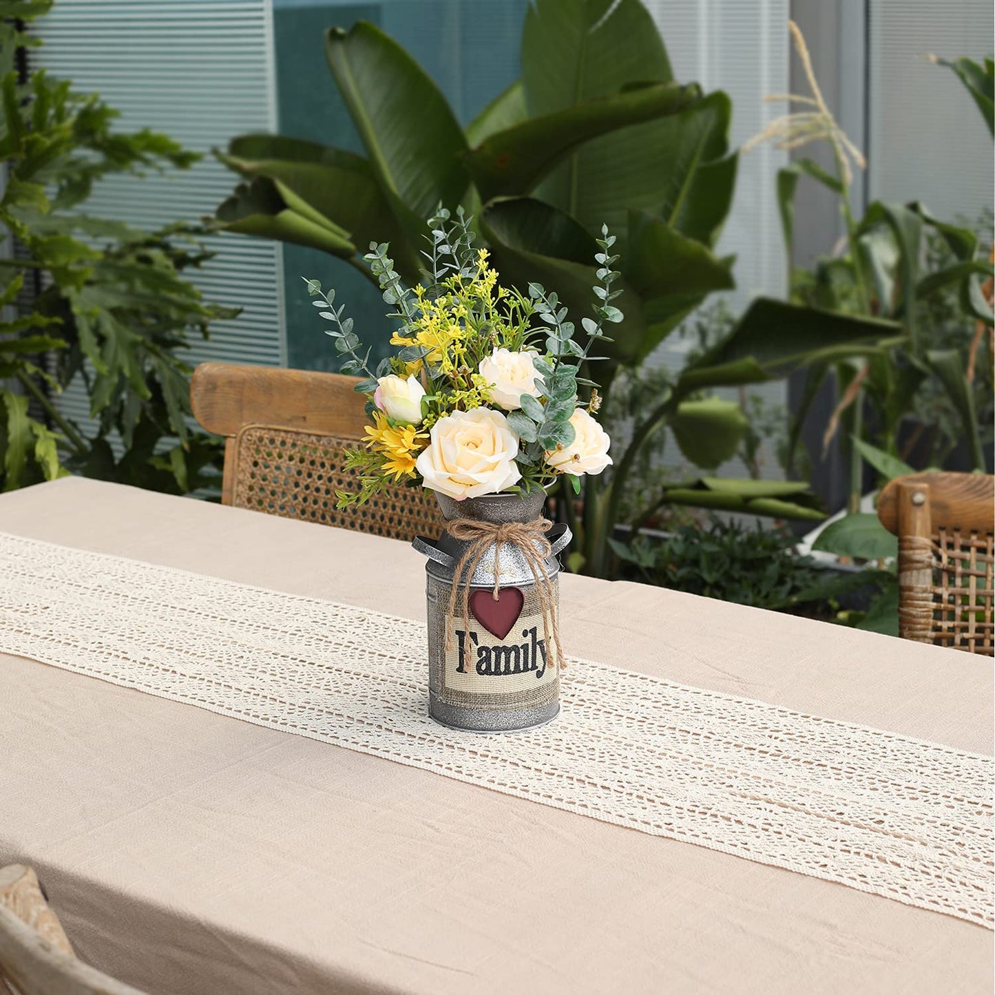 Metal Flower Vase Milk Can Rustic Style with Rose & Eucalyptus Shabby Chic Metal Vase for Rustic Home Dining Table Centerpieces Decor (Yellow, 1)