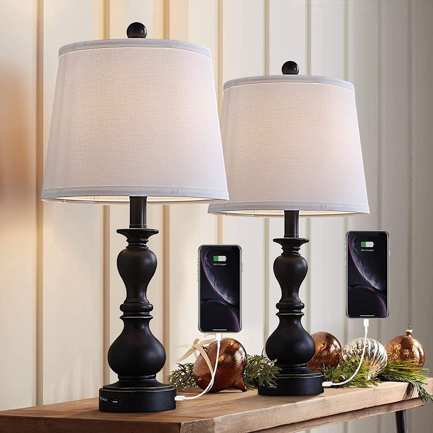 Resin Table Lamp Sets of 2 for Bedroom Living Room Plug in Bedside Nightstand Light Lamps with 2 USB Ports White Fabric Shade, 22In 2-Pack(Black)