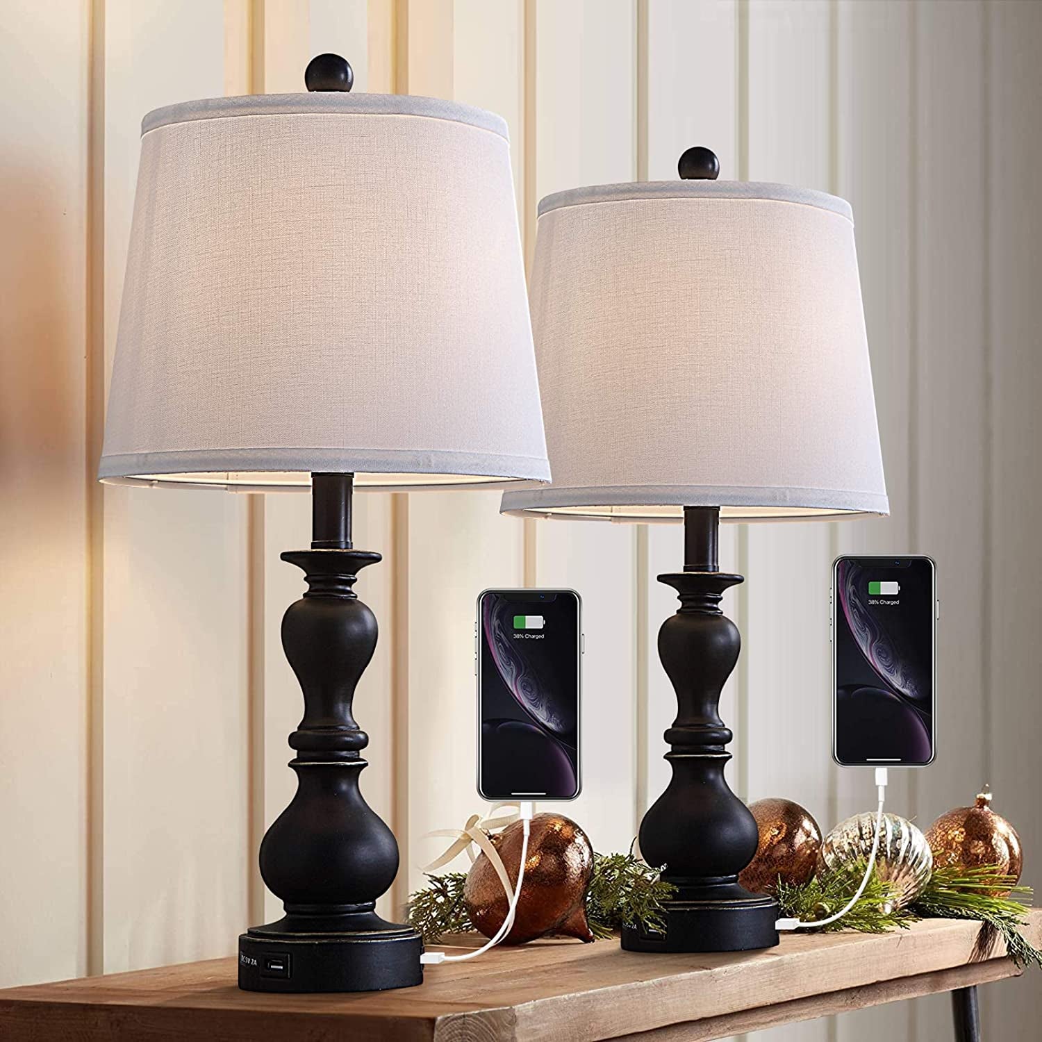 Resin Table Lamp Sets of 2 for Bedroom Living Room Plug in Bedside Nightstand Light Lamps with 2 USB Ports White Fabric Shade, 22In 2-Pack(Black)