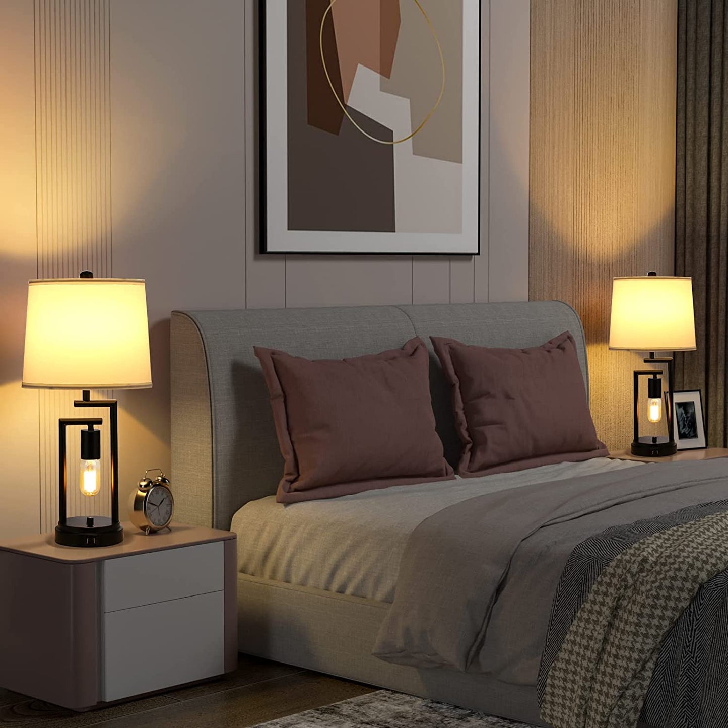 Table Lamps for Bedroom Set of 2,  3-Way Brightness Bedside Lamps with Dual USB Charging Ports, 22.6'' White Fabric Shade Farmhouse Nightstand Lamps for Bedroom, Living Room (LED Bulbs Included)