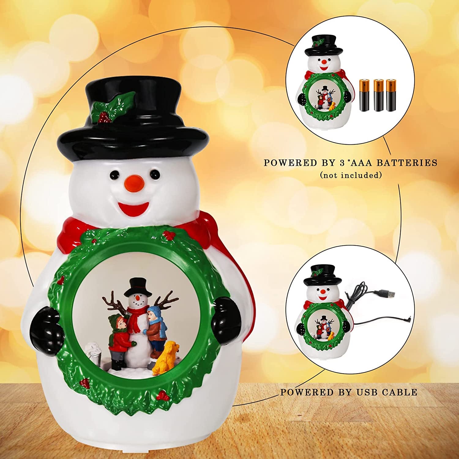 Christmas Snowman Night Light for Kids with the inside Rotating Design, USB & Battery Operated Snowman Table Lamp with Music for Table Bedroom Holiday Celebration Christmas Decoration