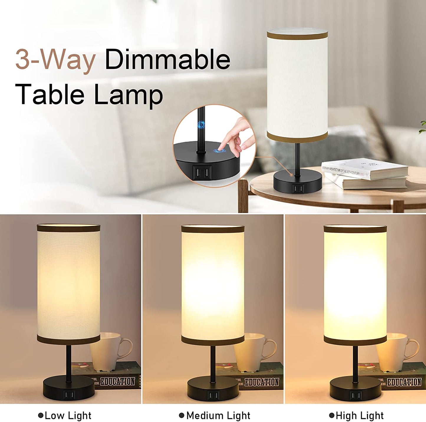 Bedside Lamp with 2 USB Ports,  3-Way Dimmable Touch Control Table Lamp for Bedroom, Nightstand Lamp with round White Fabric Shade for Living Room Home Office (E26 LED Bulb Included)
