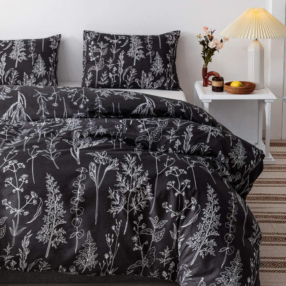 3 Pieces Queen Duvet Cover, Black Duvet Cover with White Plant Floral Duvet Cover Microfiber Soft Queen Bedding Set with Zipper Closure & 2 Pillow Cases