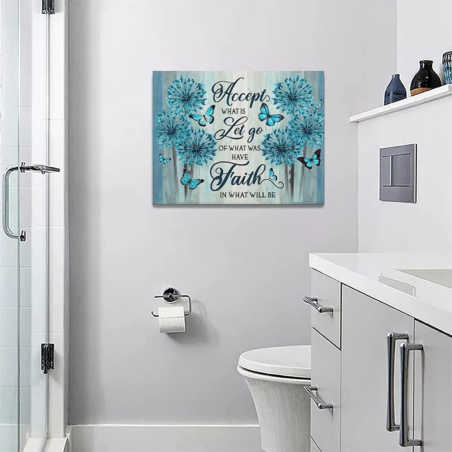 Bathroom Dandelion Wall Art Butterfly Dandelion Motivational Quotes Pictures Paintings Canvas Prints Framed Modern Artwork Home Decor for Office Living Room Bedroom Bathroom Kitchen 16"X12"