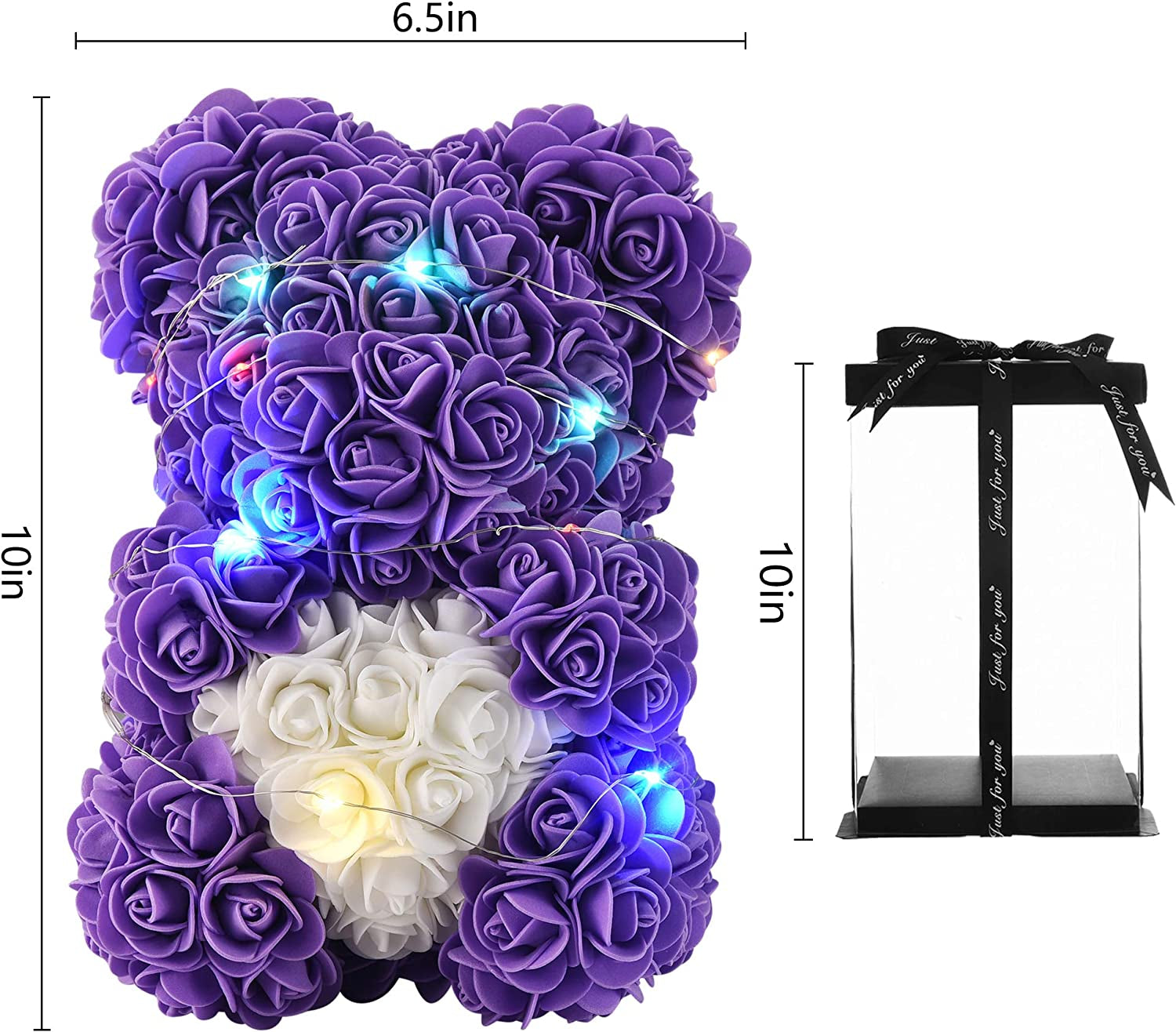 Gifts for Women,Rose Teddy Bear- over 300 Flowers on Every Rose Flower Bear,Rose Bear, Gifts for Mom, Birthday Gifts, Gifts for Girls - 10 Inch Clear Gift Box (Purple)