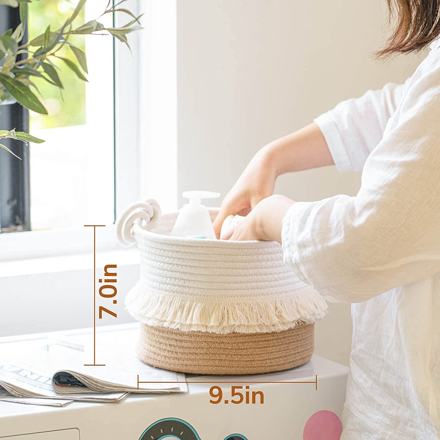 Small Woven Storage Baskets Cotton and Jute Rope Decorative Hamper for Diaper, Blankets, Magazine and Keys, Cute Tassel Nursery Decor - Home Storage Container – 9.5'' X 7''