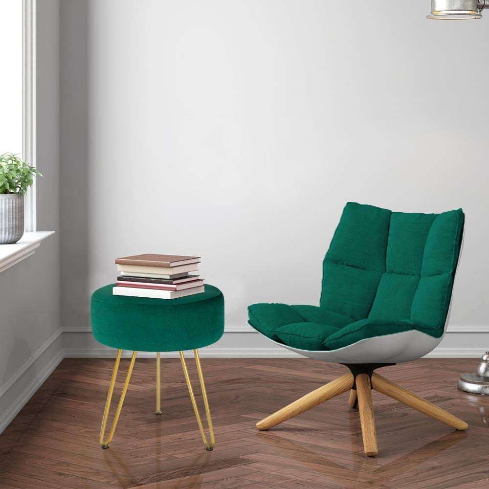 round Velvet Footrest Stool Ottoman Modern Foot Stool with 3 Golden Metal Leg, for Dressing Table Stool, Shoes Bench in Living Room Bedroom