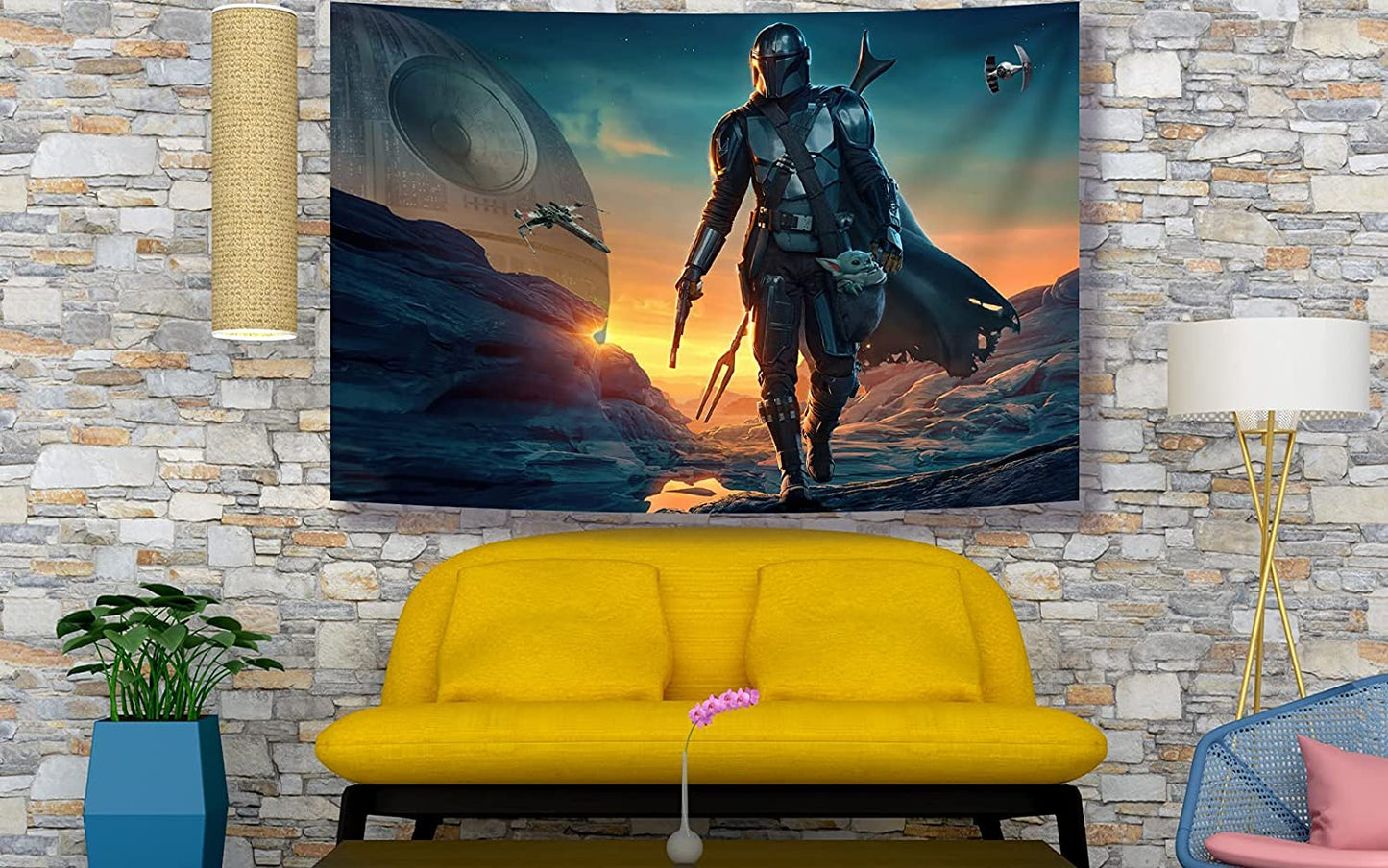 Tapestry Banner Star Wars Mandalorian Yoda Blue Death Star Wall Posters Wall Hanging Decoration for Bedroom Dorm Cool-For Party Art Wall Tapestry (Mandalorian Yoda, 39''X 59'')