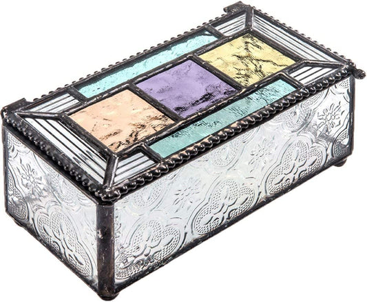 Colorful Stained Glass Box Jewelry Dish Trinket Keepsake Display Decorative Vintage Home Décor Purple Blue Peach Turquoise J Devlin Box 864
