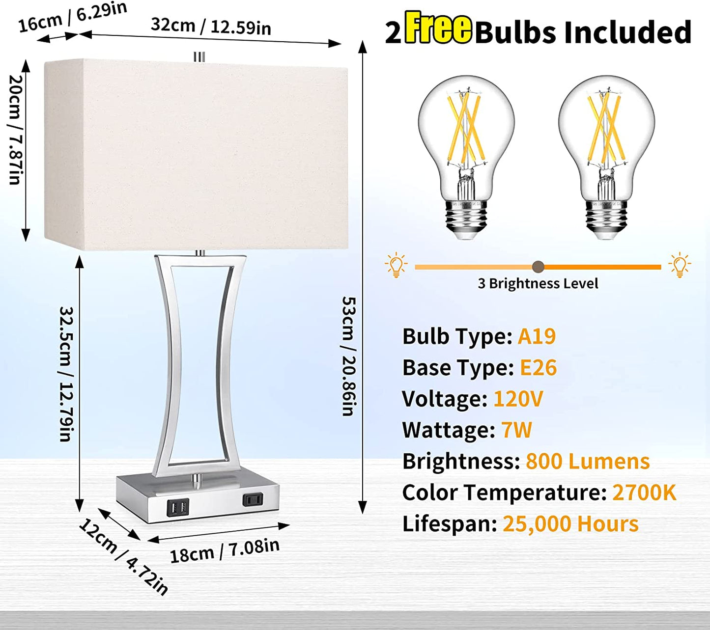 Set of 2 Touch Control 3-Way Dimmable Table Lamp, Nightstand Lamp with USB Port AC Outlet Bedside Nightstand Lamp for Living Room, 22In, Cream Shade, Daylight White Bulbs Included