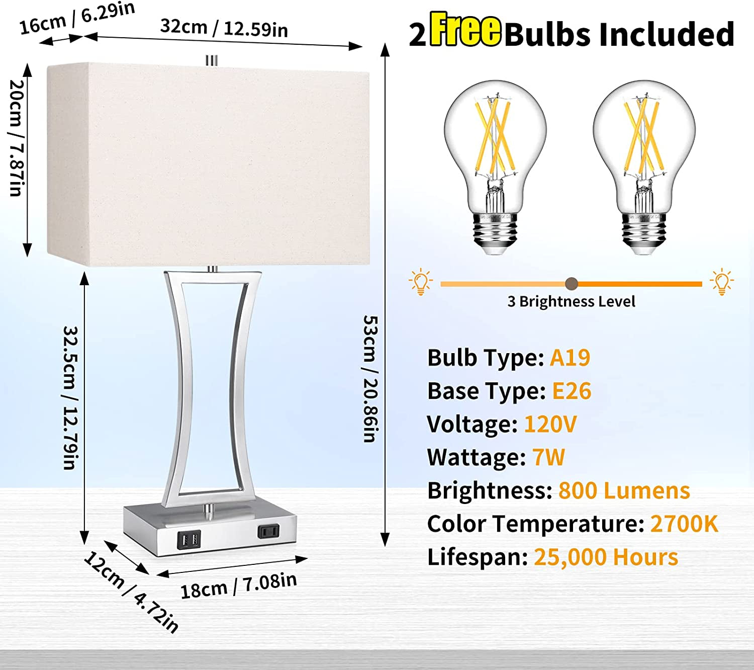 Set of 2 Touch Control 3-Way Dimmable Table Lamp, Nightstand Lamp with USB Port AC Outlet Bedside Nightstand Lamp for Living Room, 22In, Cream Shade, Daylight White Bulbs Included