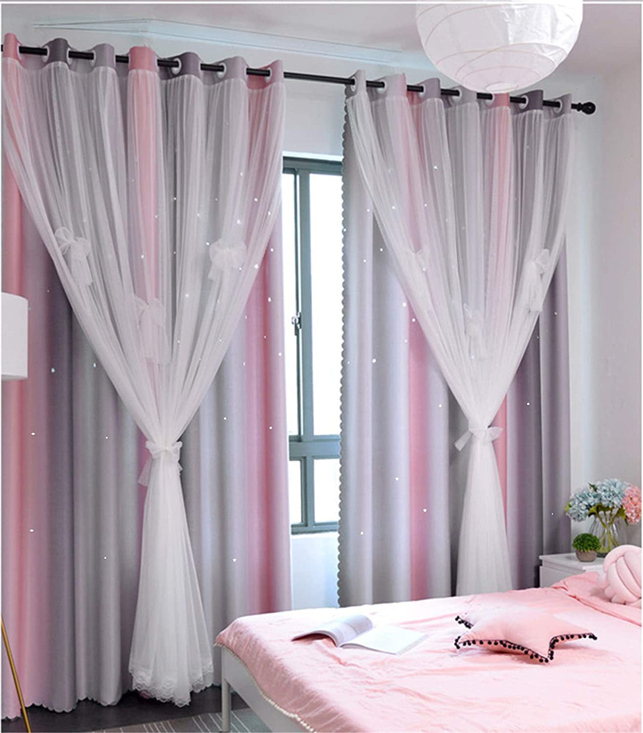 Curtains for Girls Bedroom Kids Curtain Hollow-Out Star Window Nursery Curtain 63 Inches Length Room Darkening Grommet 2 Layers (Pink Grey, W52 X L63)