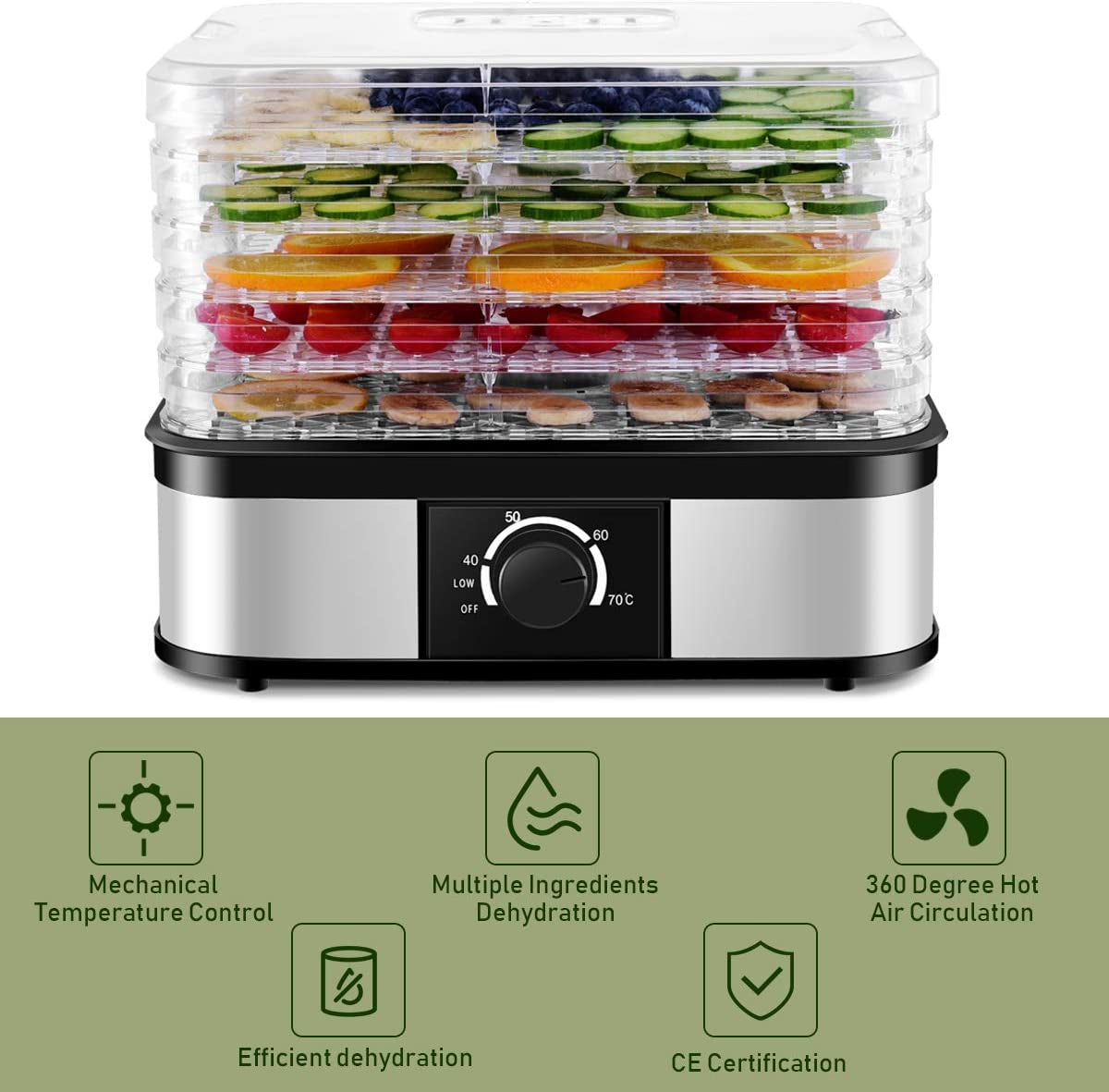 Food Dehydrator, Electric 5-Tire Fruit Vegetable Dryer with Adjustable Temperature Control from 104?-158?, 5 Stackable Drying Trays (Knob Adjustment)