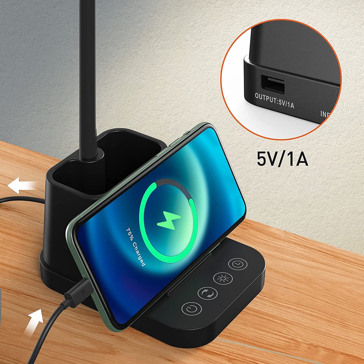 LED Desk Lamp with USB Charging Port, Small Desk Lamps for Home Office,  Desk Light for Bedrooms, Black Office Lamp for Small Spaces, 650LM, Gooseneck, Pen Holder, Study Lamps for College Dorm Room
