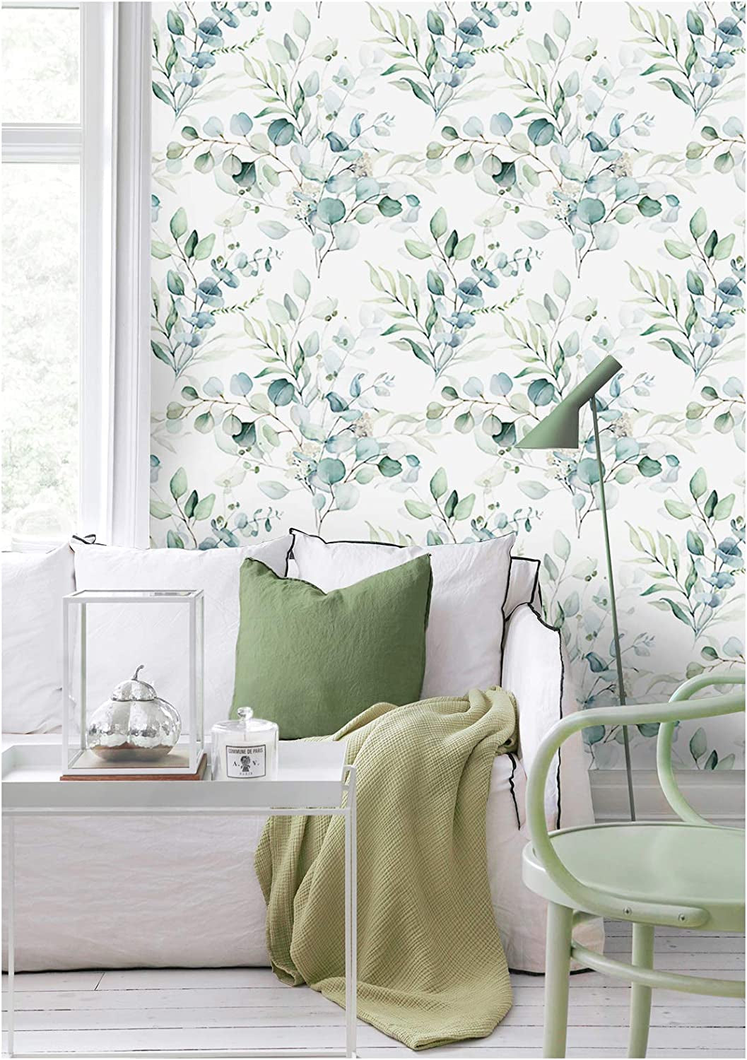 93042 Peel and Stick Wallpaper Green/White Eucalyptus Leaf Floral Wall Mural Home Nursery Boho Decor 17.7In X 32.8Ft