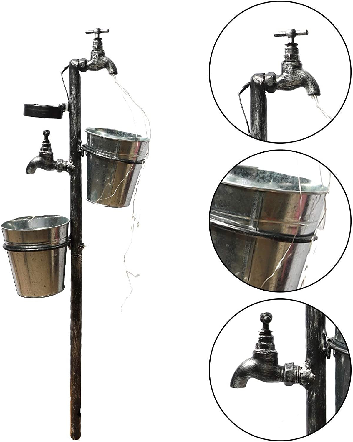 Solar Faucet Garden Stake with Two Planters, LED Lights Flowing Water Retro Metal Faucet Yard Stake Outdoor Plant Holder Flower Pots for Lawn Garden Decorations