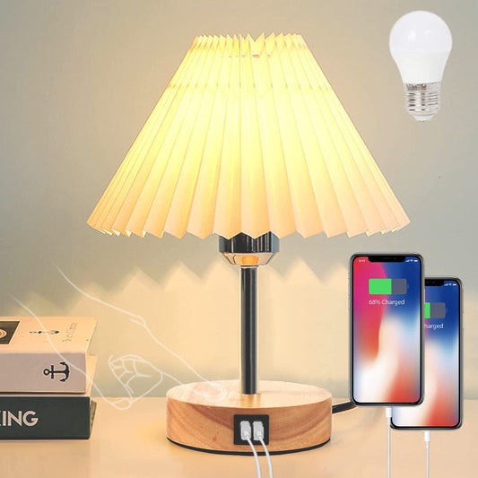 Touch Control Bedside Table Lamp with Dual USB Ports - Nordic Style LED Desk Lamp for Bedroom, 3-Way Dimmable Wooden Nightstand Lamp for Living Room, Kid'S Room, or Home Office ( Adapter Not Included)