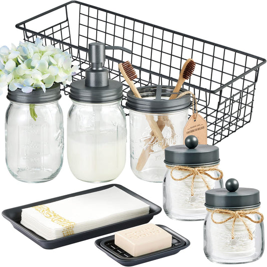 Mason Jar Bathroom Accessories Set 8 Pcs - Lotion Soap Dispenser,Toothbrush Holder,2 Apothecary Jars, Flower Vase,Soap Dish,Vanity Tray,Toilet Paper Holder Storage Bin,Farmhouse Decor (Gray)