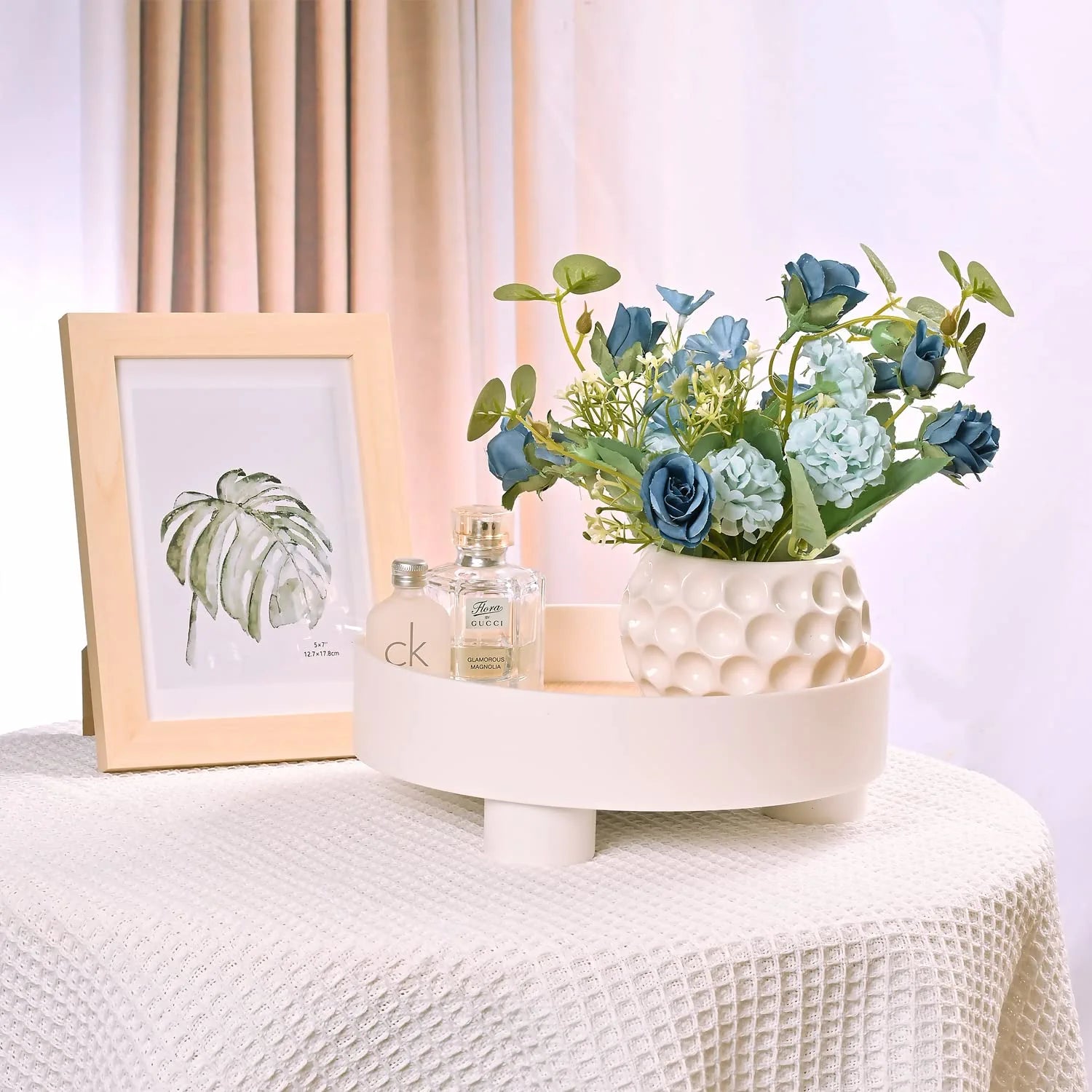 Artificial Rose Flowers in Ceramic Vase Blue, Faux Hydrangea Flower Arrangements for Home Decor Fake Flowers with Vase for Table Centerpieces Decoration