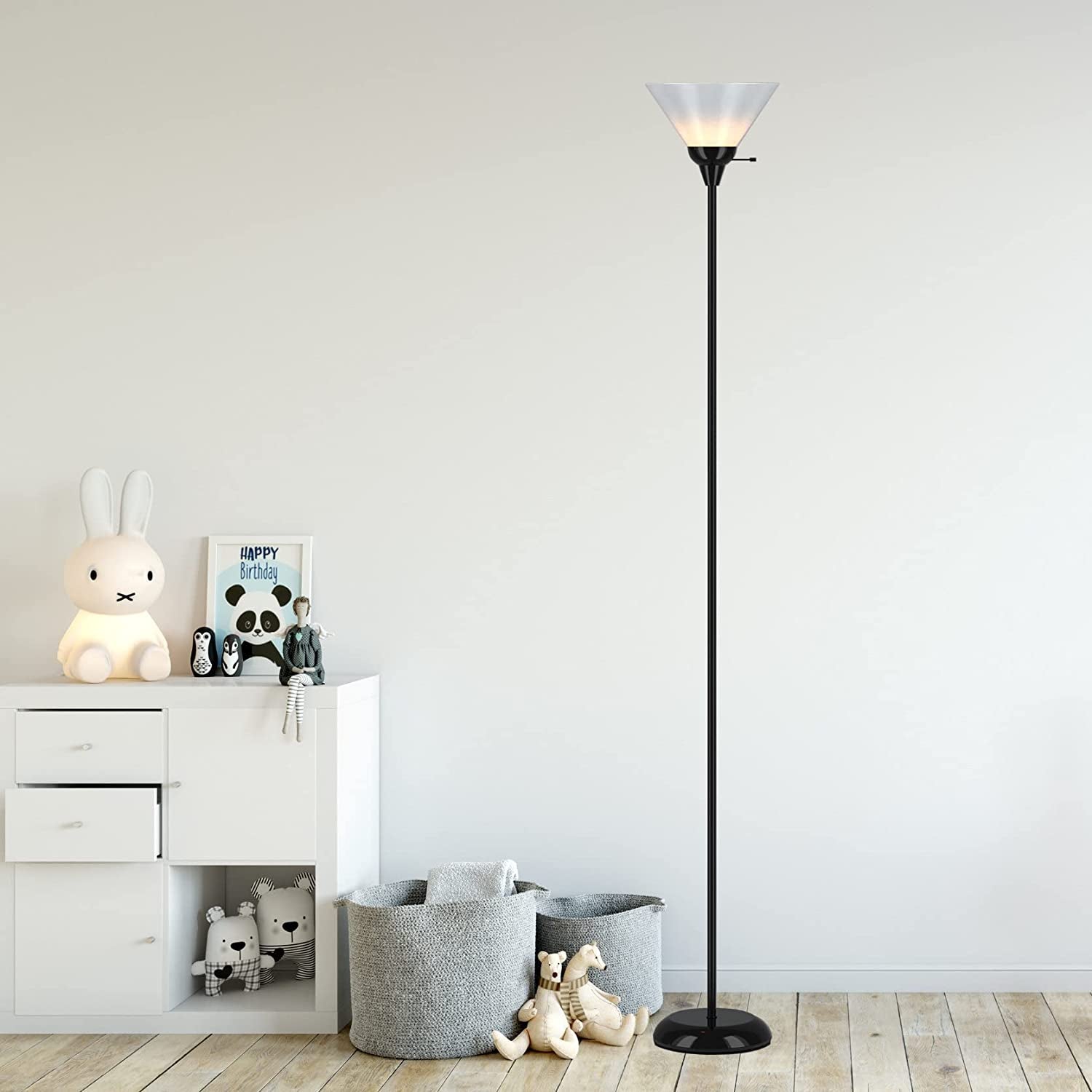LIGHTACCENTS Black Metal Floor Lamp with Opal White Cone Shade. Model 6113-21 Standing Pole Torch Floor Lamp Torchiere Super Bright Floor Lamp ( Black Finish )
