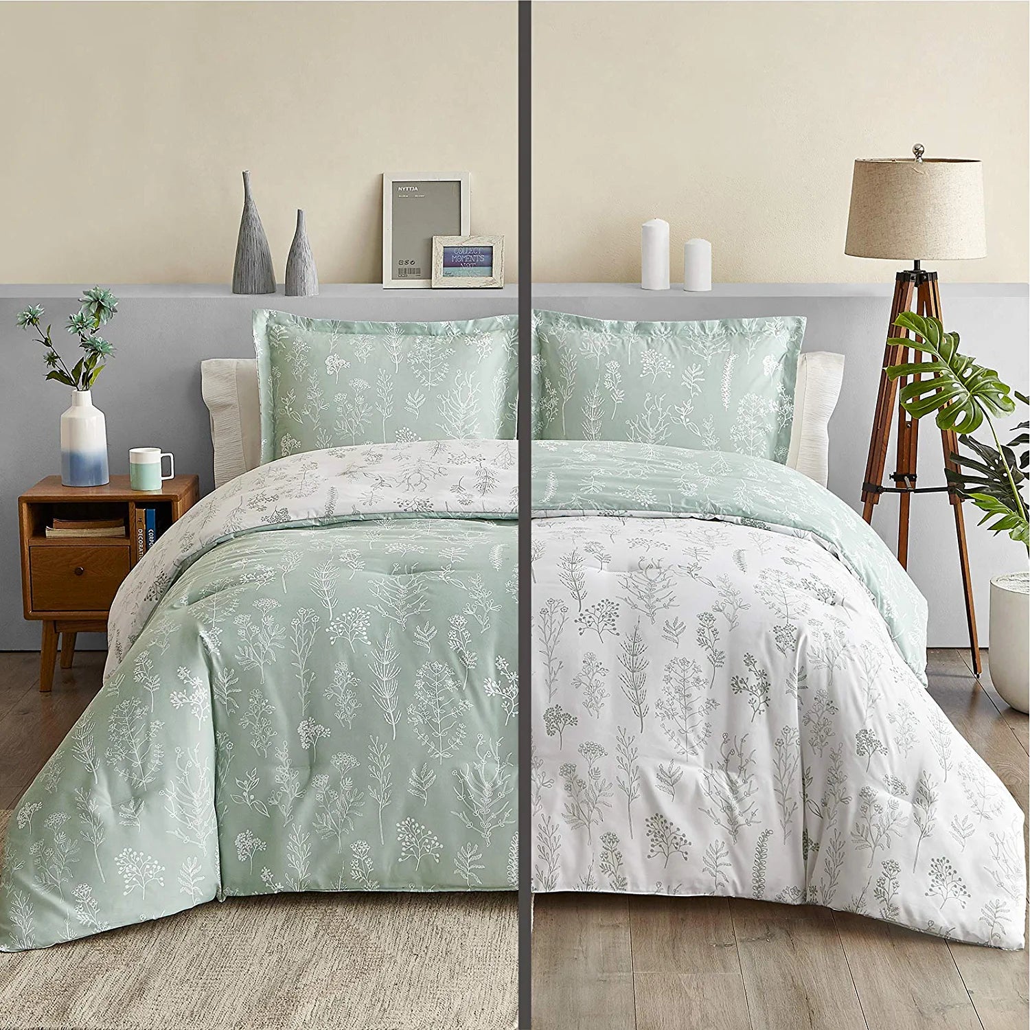 BEDSURE Queen Comforter Set - Sage Green Comforter Cute Floral Bedding Comforter Sets, 3 Pieces Reversible Flowers Botanical Soft Bed Set with 2 Pillow Shams