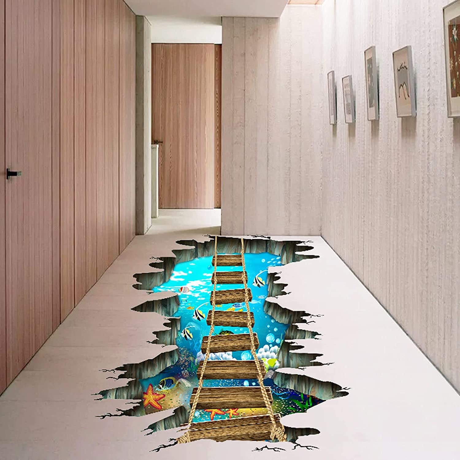 HUANLE Self-Adhesive Floor Stickers Home Room Decor 3D Volcano Lava Rope Bridge