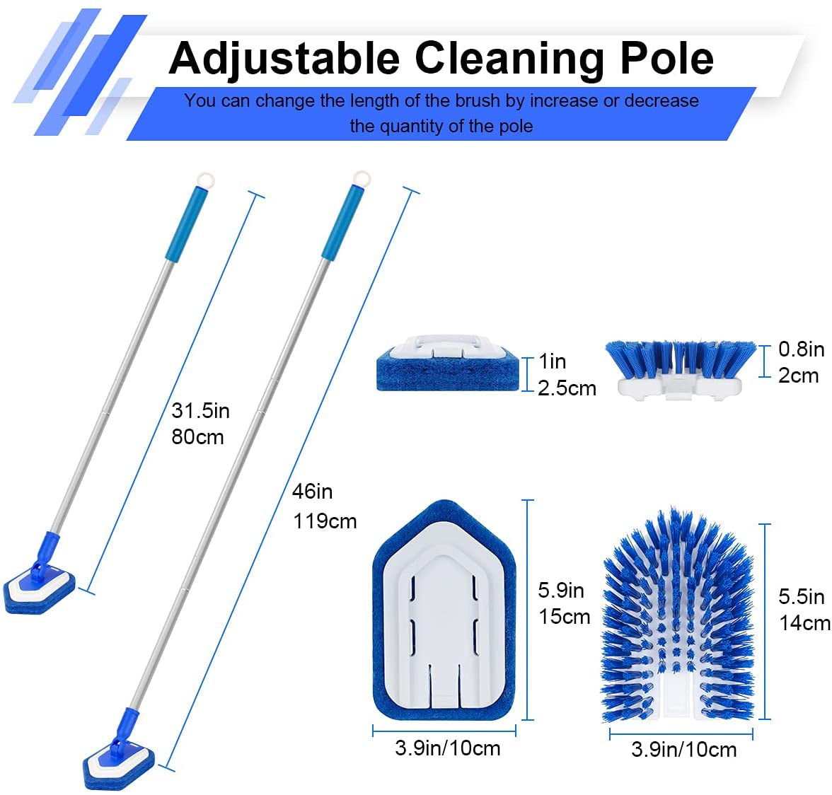Shower Brush Scrubber with Long Extendable Handle 46'' -2In-1 Tub and Tile Cleaning Brush Interchangeable Scrub Brush Attachment for Cleaning Bathroom Shower Bathtub Floor