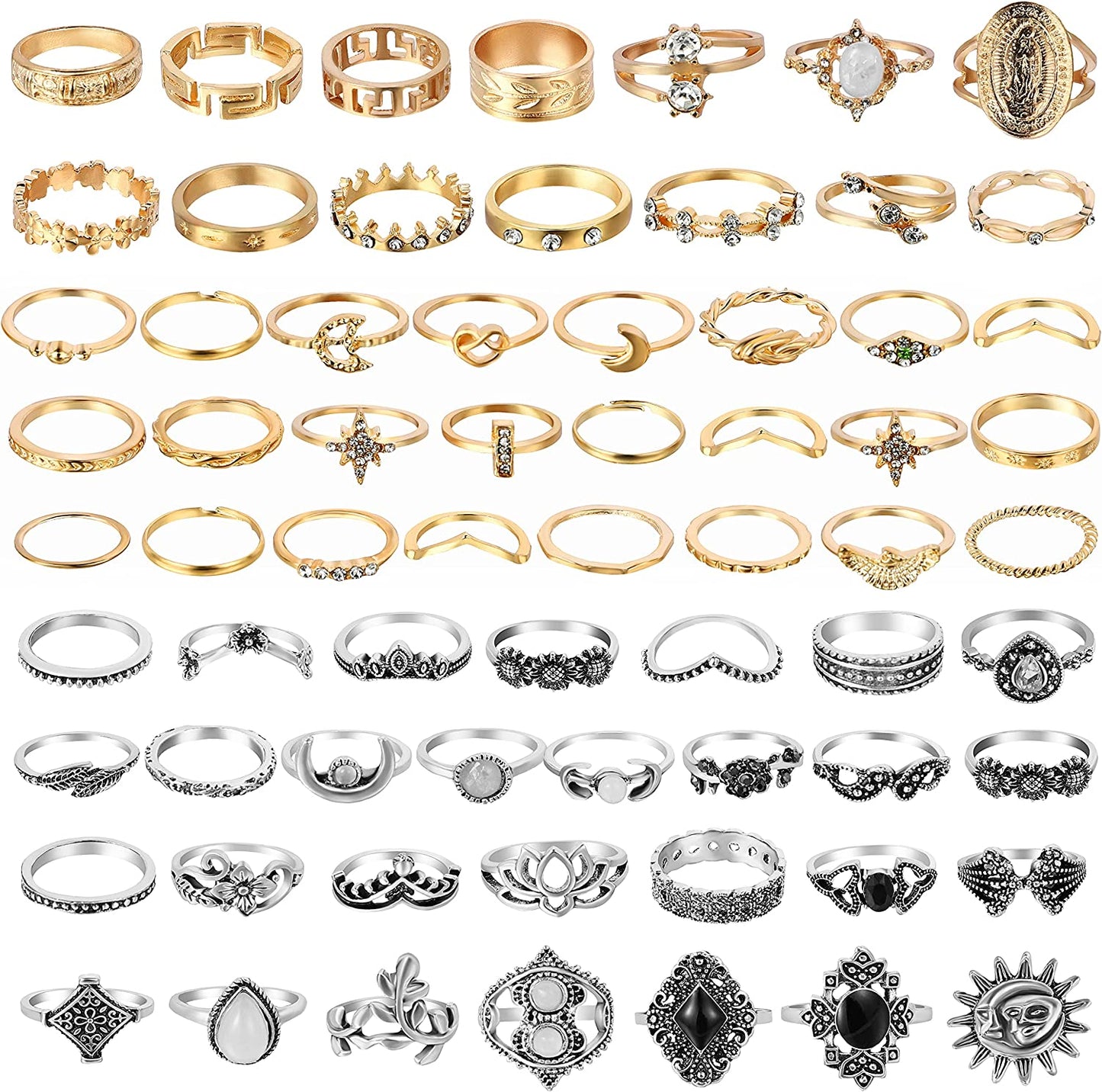 67Pcs Vintage Knuckle Rings Set Stackable Finger Rings Midi Rings for Women Bohemian Hollow Carved Flowers Gold&Silver Rings Crystal Joint Rings with Storage Bag
