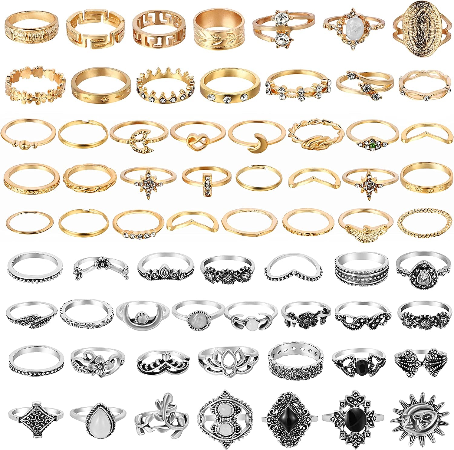 67Pcs Vintage Knuckle Rings Set Stackable Finger Rings Midi Rings for Women Bohemian Hollow Carved Flowers Gold&Silver Rings Crystal Joint Rings with Storage Bag
