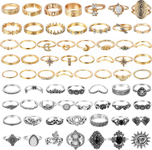 67Pcs Vintage Knuckle Rings Set Stackable Finger Rings Midi Rings for Women Bohemian Hollow Carved Flowers Gold&Silver Rings Crystal Joint Rings with Storage Bag