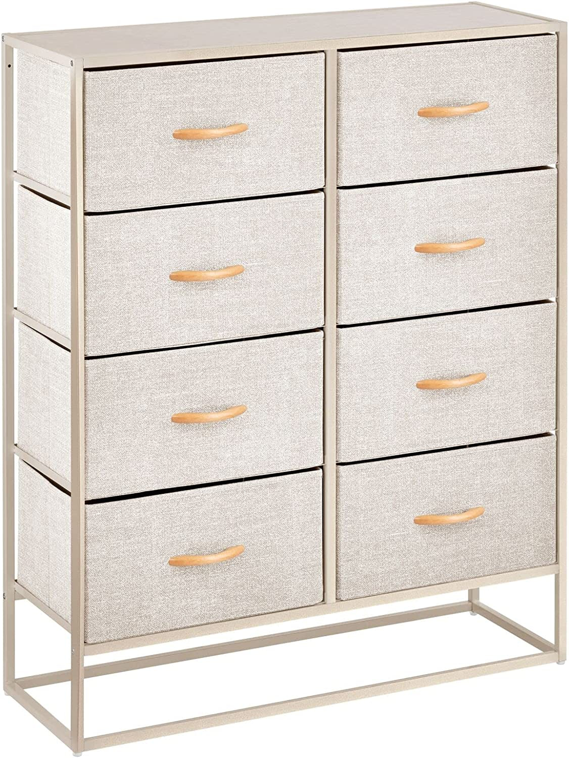 Wide Modern 8-Drawer Dresser Storage Unit, Sturdy Steel Frame, Wood Top, Easy-Pull Wood Handles/Fabric Bins, Organizer for Bedroom, Hallway, Entryway, Closet, Margo Collection, Cream/Gold