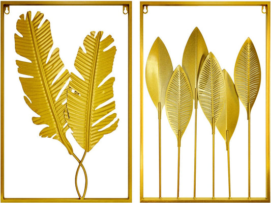 Gold Leaf Wall Decor 2 Piece Art Golden Metal Leaves Home Decorations Living Room Large Hangings Cutout Sculptures Accent Two Decorative Bathroom Modern Bedroom Iron over Couch (2P)