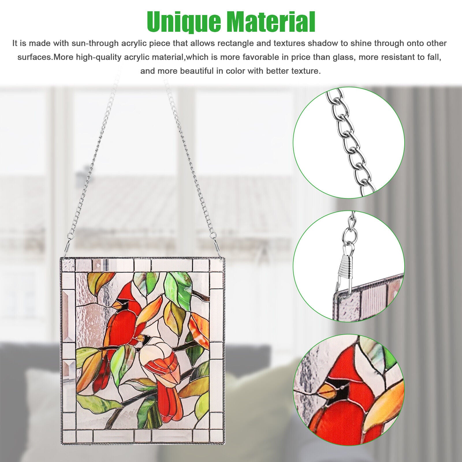 Stained Acrylic Rectangle Window Suncatcher Hanging Panel Home Decor +Chain Gift