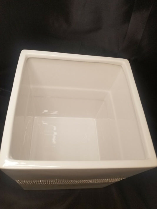 Bella Lux Bathroom Trash Can White Ceramic Crystal Rhinestone Wastebasket New