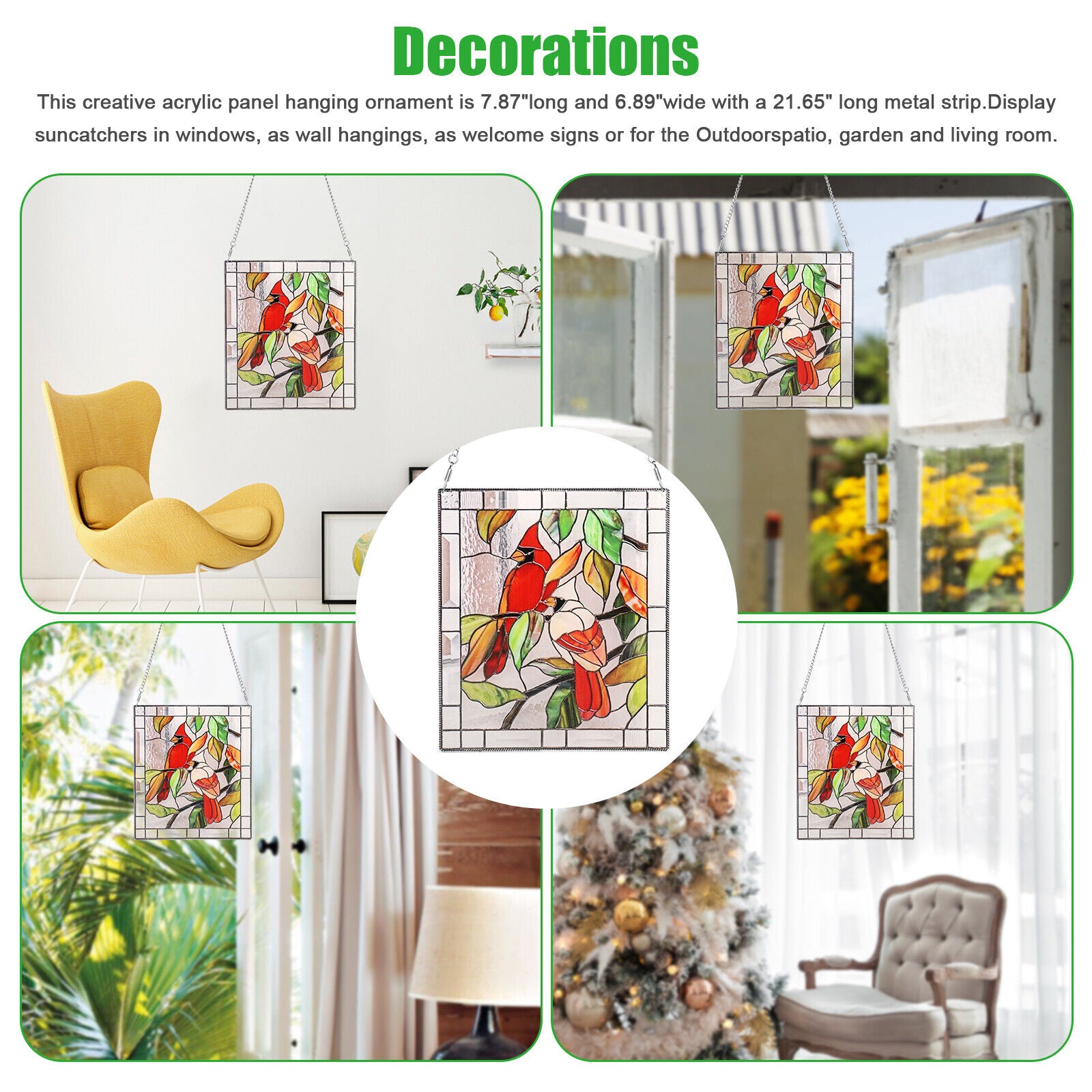 Stained Acrylic Rectangle Window Suncatcher Hanging Panel Home Decor +Chain Gift