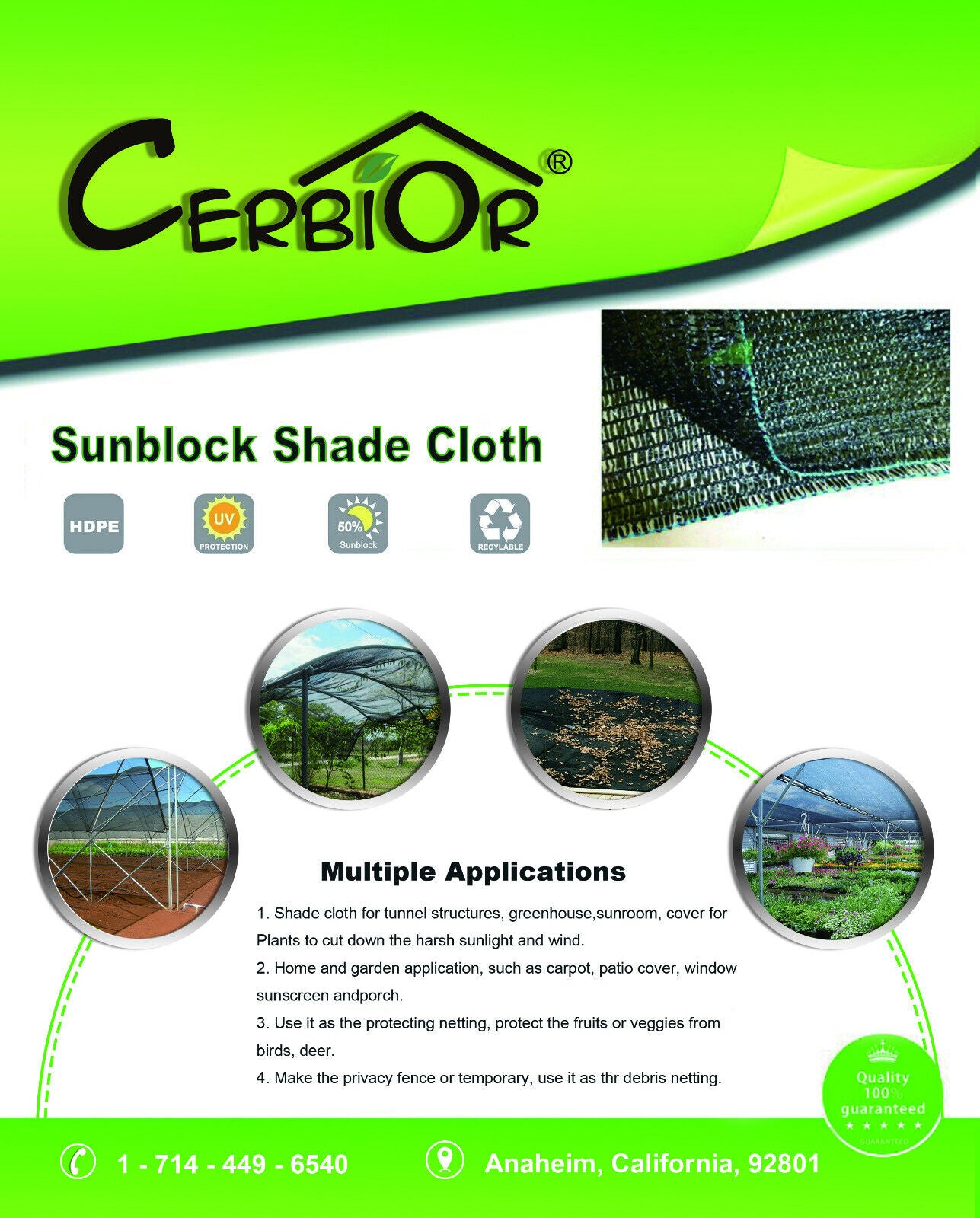 Cerbior 30% UV Sunblock Shade Cloth Cover for Garden Plants Black Greenhouse