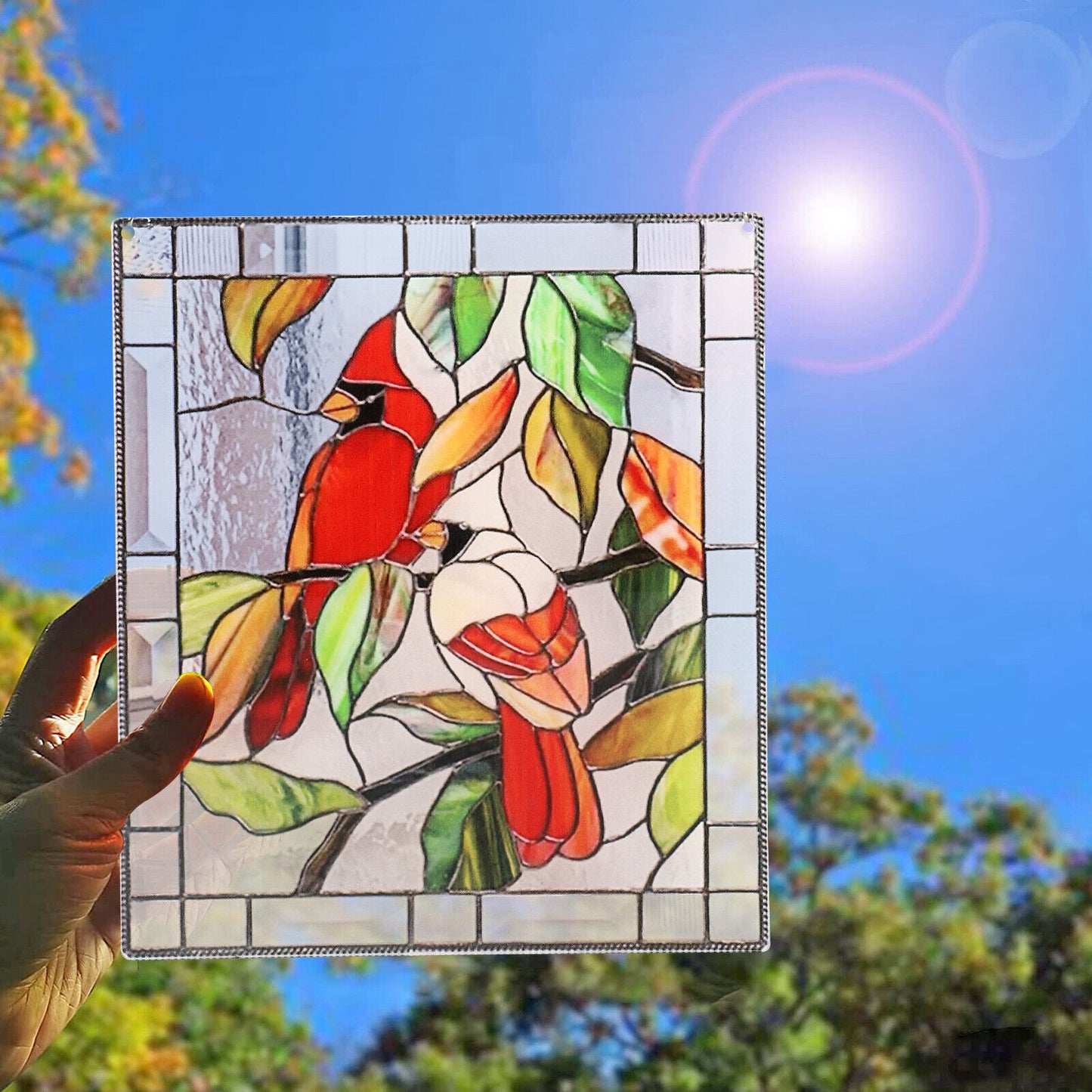 Stained Acrylic Rectangle Window Suncatcher Hanging Panel Home Decor +Chain Gift